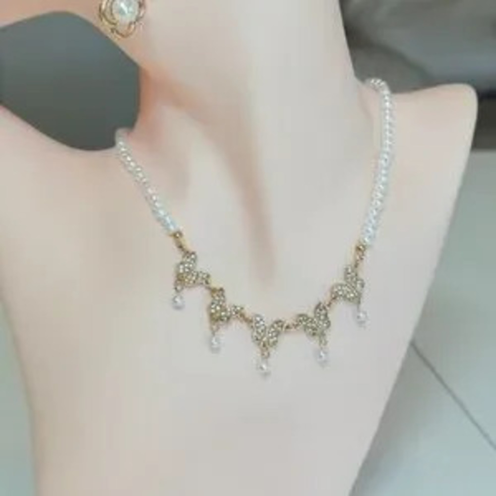 Gold and Pearl Butterfly Crystal Pendant Necklace - Women's Jewelry